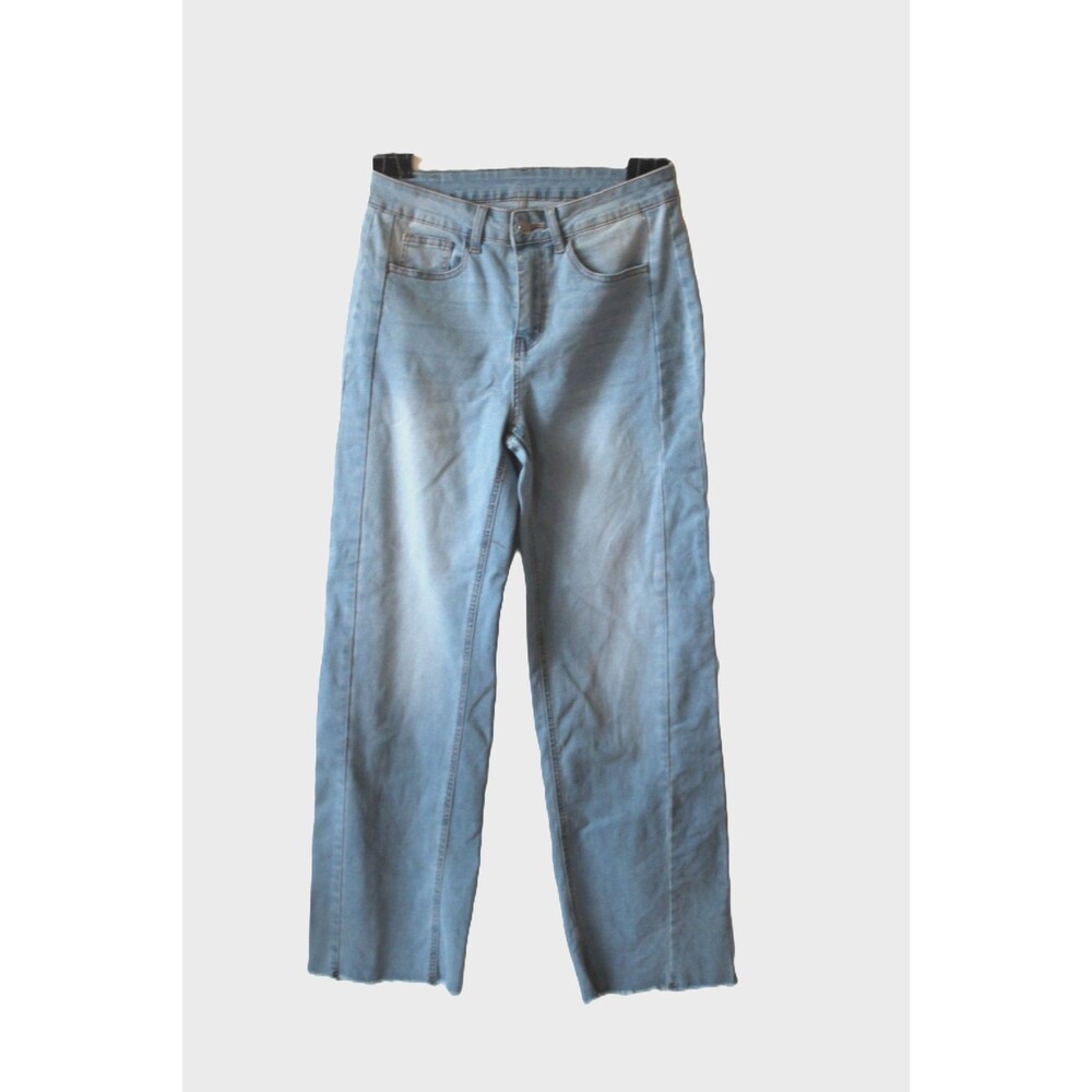 Sidefeel Jeans Size 10 Womens High Rise Wide Leg Crop Raw Hem Blue Denim Stretch